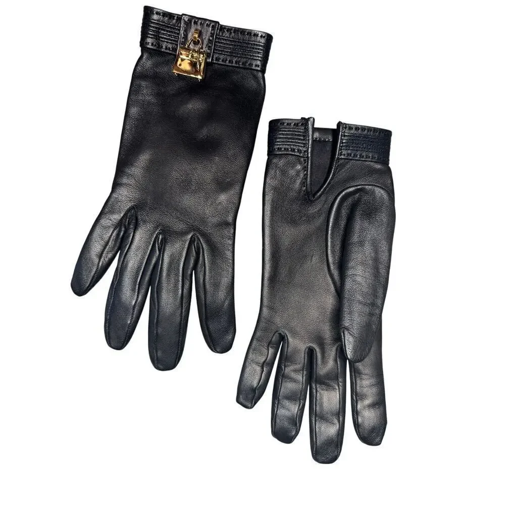 Hermes Kelly Constance Gold Amulette Black Lambskin Leather Gloves Size XS 6.5